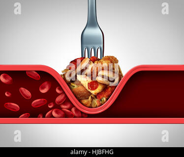 La scarsa circolazione alimenti e causa di intasamento arteria o vena umana come una forcella con unto il fast food che provoca il restringimento delle arterie bloccando il flusso di sangue a t Foto Stock