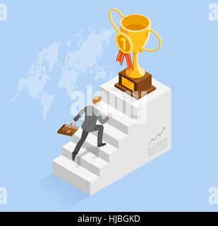 La gente di affari di concetti per il successo. imprenditore accelerare in esecuzione su per le scale fino alla Gold Cup Trofeo icona. isometrica illustrazione vettoriale. Foto Stock