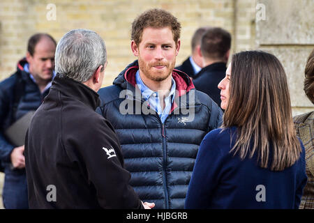 Il principe Harry incontra il direttore del recupero David Richmond e CEO Melanie acque durante una visita ad un aiuto per gli eroi del Centro di recupero a Tedworth House di Tidworth, Wiltshire, dove ha imparato di più circa la salute mentale di sostegno dei veterani militari stanno ricevendo. Foto Stock