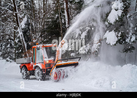 Titolare C9700H trattore comunale con lo spalaneve sgombero della neve dalla strada nella foresta dopo la nevicata in inverno Foto Stock