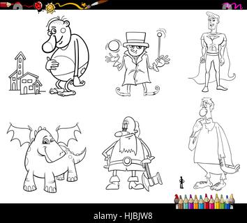 Bianco e Nero Cartoon illustrazioni di fantasia o Personaggi delle Fiabe Imposta pagina di colorazione Illustrazione Vettoriale