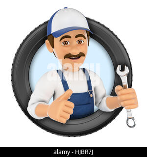 Logo 3d'illustrazione. Meccanico con chiave e pneumatico. Isolato sullo sfondo bianco. Foto Stock