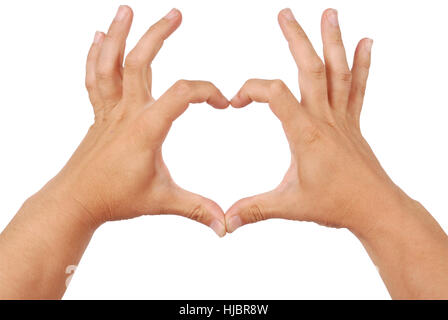 Due mani in forma di cuore su sfondo bianco. tracciato di ritaglio all'interno Foto Stock