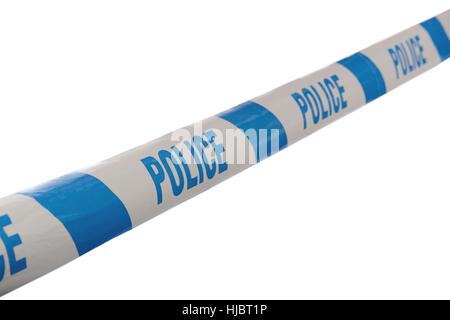 Bianco e blu linea di polizia di non attraversare la linea del nastro con un angolo isolare don uno sfondo bianco Foto Stock