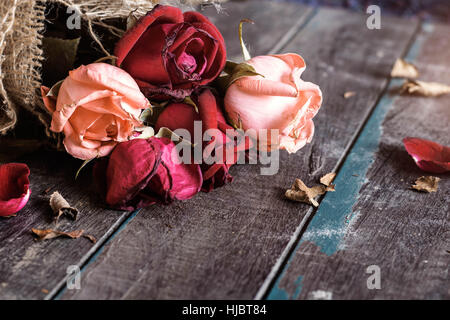 Asciugare le rose sul vecchio pavimento in legno. Foto Stock