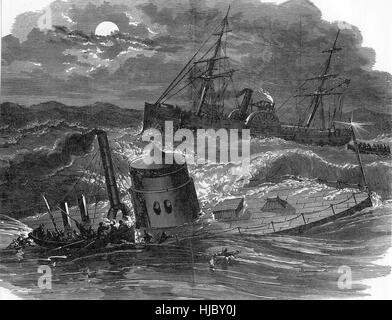 USS Monitor naufragio durante una forte tempesta al largo di Capo Hatteras con la perdita di sedici uomini il 31 dicembre 1862. La USS Rhode Island in background lancia le imbarcazioni di salvataggio. Foto Stock