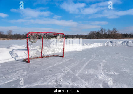 Una rete di hockey si siede sul fresco ghiaccio raschiata di un laghetto congelato pronto per il prossimo gioco. Foto Stock