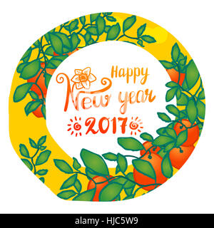 Anno Nuovo Cinese, 2017. Rami di mandarino frutti. Disegnata a mano sketchy cartoon clip-art in cerchio, illustrazione vettoriale per biglietto di auguri. Codolo Foto Stock