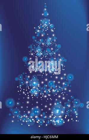 Abstract albero di Natale composta da bianco e azzurro luci su shining deep sfondo blu Foto Stock