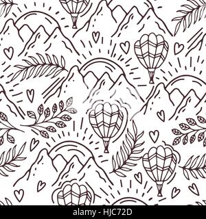 Disegnata a mano pattern con un palloncino e montagne Illustrazione Vettoriale