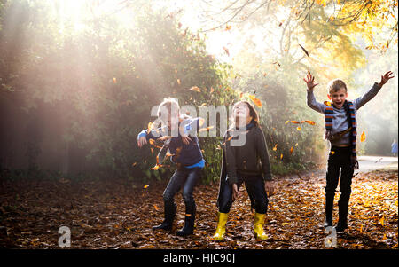 Tre giovani ragazzi, giocare all'aperto, gettando le foglie di autunno Foto Stock