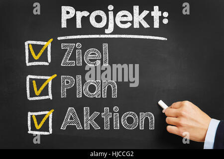 La scrittura a mano in tedesco "Projekt: Ziel Plan Aktion" (progetto: obiettivo azione piano) su una lavagna Foto Stock