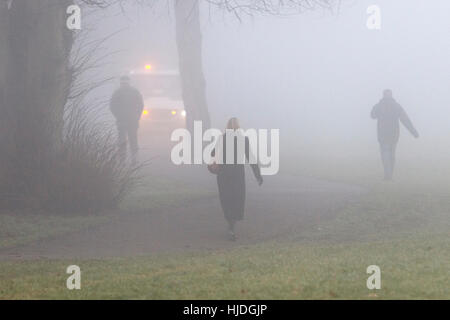 Chippenham, Regno Unito. 25 gennaio 2017. Clima invernale nel Regno Unito. Mentre il freddo nebbia continua a colpire molte parti del Regno Unito, le persone sono ritratte a camminare in un parco a Chippenham, Wiltshire. Crediti: Lynchpics/Alamy Live News Foto Stock