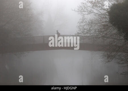 Chippenham, Regno Unito. 25 gennaio 2017. Poiché il freddo inverno nebbioso colpisce molte parti del Regno Unito, un uomo è ritratto a camminare attraverso un ponte sul fiume Avon a Chippenham, Wiltshire. Crediti: Lynchpics/Alamy Live News Foto Stock