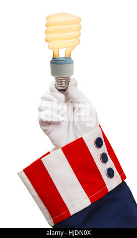 Presidente Holding Energy Saver Lampadina isolati su sfondo bianco. Foto Stock