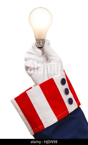 Presidente Holding Lampadina isolato su bianco. Foto Stock