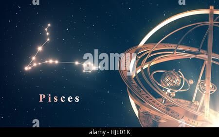 La costellazione dello zodiaco pesci e sfera armillare su sfondo blu Foto Stock