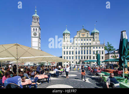 Augusta: Perlach Tower, Municipio in piazza Rathausplatz, Schwaben, Svevia, Baviera, Baviera, Germania Foto Stock