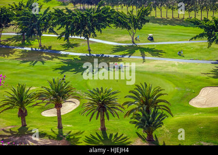 Campo da golf Campo Internacional, sullo sfondo le dune di Maspalomas, Gran Canaria, Spagna, Europa Foto Stock