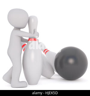 Piccolo grigio 3d reso personaggio dei fumetti con grandi Oversize Pin Bowling e palla da bowling di fronte a uno sfondo bianco Foto Stock