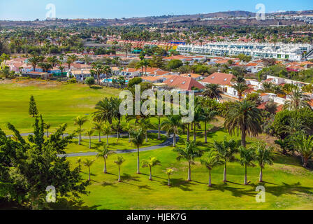 Campo da golf Campo Internacional, sullo sfondo le dune di Maspalomas, Gran Canaria, Spagna, Europa Foto Stock