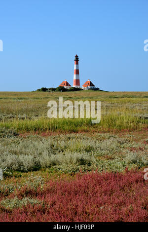 Faro Westerhever nelle saline, Westerheversand, Schleswig-Holstein il Wadden Sea National Park, Nord Frisia Foto Stock