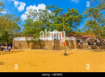 Campo di sporcizia e sud composto gradini portano alla sacra Jaya Sri Maha Bodhi o Bodhiya albero di fico su un cielo blu giorno in Anuradhapura Foto Stock