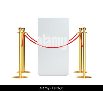 Mock-up vuoto museo bianco podio circondato con nastro di barriera. Attrezzature di esposizioni isolati su sfondo bianco. 3D illustrazione Foto Stock