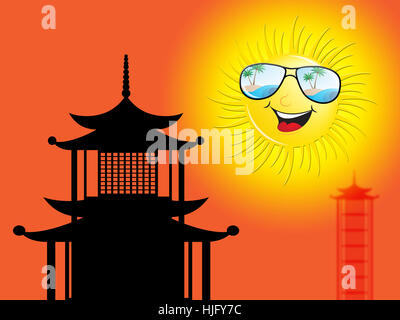 Tramonto in Asia orientale a Pagoda 3d illustrazione Foto Stock