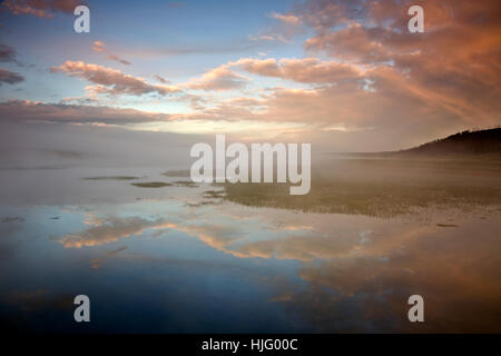 WYOMING - Misty sunrise riflettendo su Yellowstone River nella calma della Hayden vallata del Parco Nazionale di Yellowstone. Foto Stock