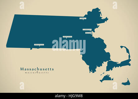 Mappa moderno - Massachusetts USA stato federale illustrazione silhouette Foto Stock