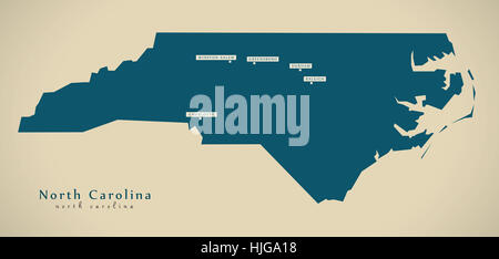Mappa moderno - Carolina del Nord Stati Uniti stato federale illustrazione silhouette Foto Stock