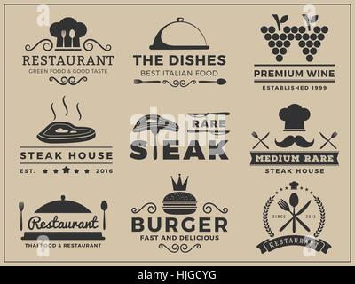 Set di logo e insegna Progettazione per Ristorante Steak house, Vino, Burger, cibo menu, timbro, stampa di lettera | illustrazione vettoriale ridimensionare in grado e libera fon Illustrazione Vettoriale