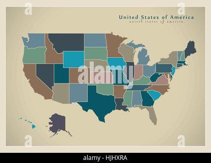 Mappa moderno - USA con colorato stati federali illustrazione silhouette Illustrazione Vettoriale