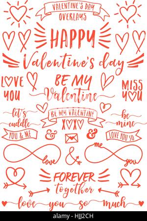 Il giorno di San Valentino sovrapposizioni di testo e disegnati a mano cuori, set di vettore di elementi di design Illustrazione Vettoriale