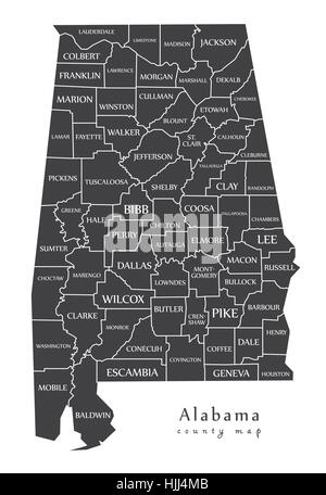 Mappa moderno - Alabama county map con etichette USA silhouette illustrazione Illustrazione Vettoriale