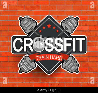 In stile retrò crossfit emblema, etichetta, badg, logo e una palestra per il fitness progettato elementi per i vostri progetti, stampe, cartoline, inviti. Sport illustrazione. Illustrazione Vettoriale