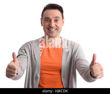 Uomo di successo mostra il suo pollice in alto. Isolato su sfondo bianco Foto Stock