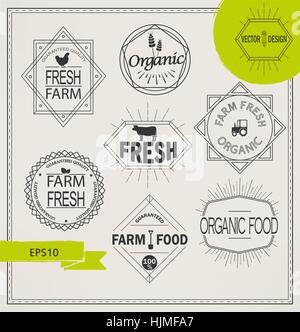 Vector agricoltura e azienda agricola biologica fresh line logo - set di elementi di design e distintivi per l'industria alimentare in stile contorno. Illustrazione Vettoriale