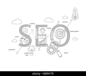 Concetto di SEO parola combinati dalla moderna linea sottile elementi e icone che simboleggiava un successo la ricerca internet Ottimizzazione di processo. Vettore. Illustrazione Vettoriale