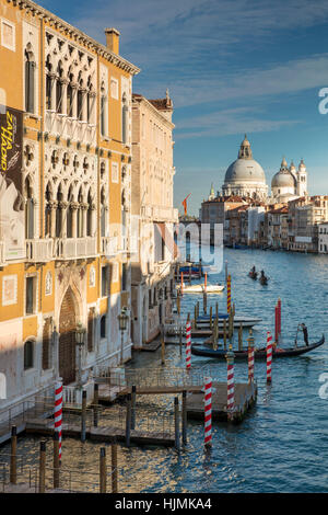 Edifici e barche lungo il Canal Grande con le cupole di Santa Maria della Salute al di là, Venezia, Veneto, Italia Foto Stock