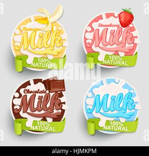 Cioccolato, banana, fragola etichette di latte splash. Blot e scritte con nastro su sfondo blu. Splash e blot design, forma di vettore di creative. Illustrazione Vettoriale