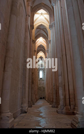 Il Portogallo, il medievale Cattolica Romana monastero di Alcobaca: dettagli del vault manuelina con vista della navata della chiesa Foto Stock