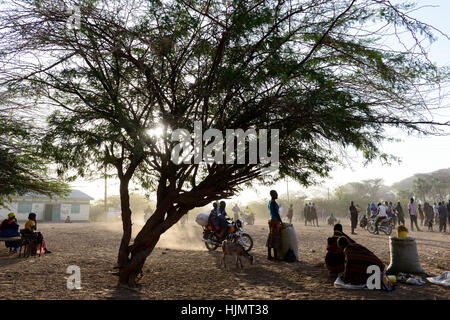 KENIA Turkana, Lodwar, mercato del bestiame, herder compra e vende capre / Turkana mit Ziegen auf dem Viehmarkt Foto Stock