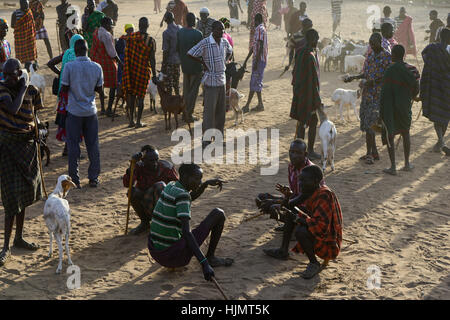 KENIA Turkana, Lodwar, mercato del bestiame, herder compra e vende capre / Turkana mit Ziegen auf dem Viehmarkt Foto Stock