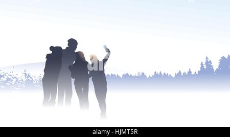 Gruppo di persone Traveler Silhouette amici prendendo Selfie Foto inverno montagna foresta sullo sfondo della natura Illustrazione Vettoriale