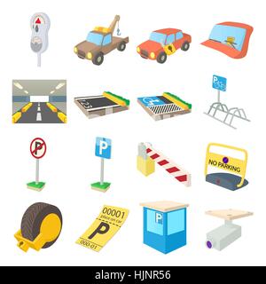 Parcheggio set di icone in stile cartoon isolati su sfondo bianco Illustrazione Vettoriale