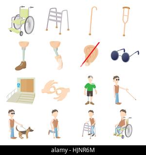 Le persone disabili set per la cura in stile cartoon isolati su sfondo bianco Illustrazione Vettoriale