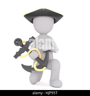 Grigio generico 3D fumetto figura indossa Pirate Hat e inginocchiato con il dispositivo di ancoraggio di fronte a uno sfondo bianco Foto Stock