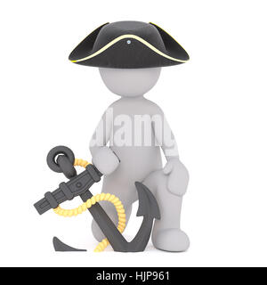 Grigio generico 3D fumetto figura indossa Pirate Hat e inginocchiato con elemento di ancoraggio sulla fune nella parte anteriore del fondo bianco Foto Stock